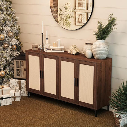 JASIWAY Sideboard - Kitchen Buffet Cabinet with Rattan Decorated Doors, Accent Sideboard Cabinet with Doors, Coffee Bar Cabinets Rattan Buffet Cabinets with Storage