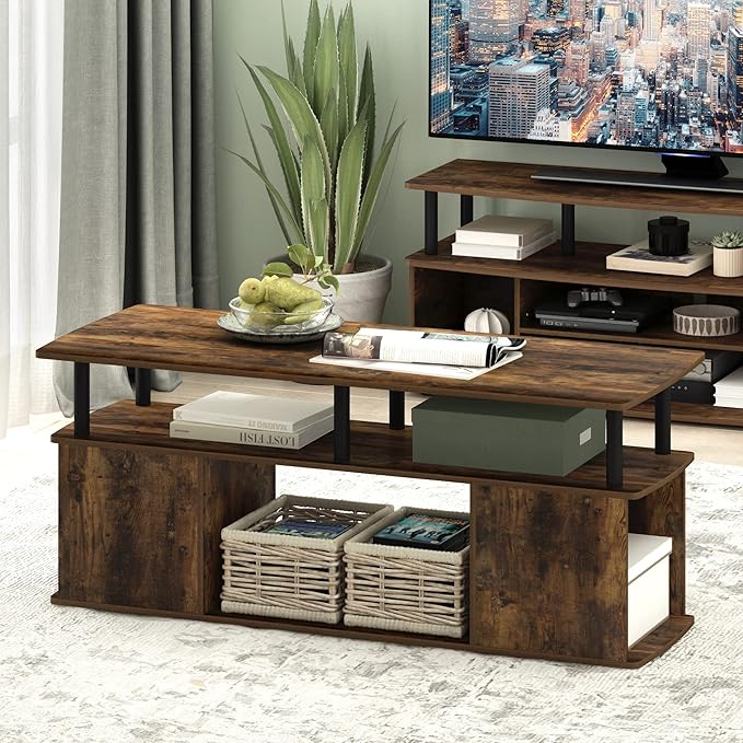 Furinno Jaya Coffee Table, Rectangle Modern Coffee Table with Open Shelf, Side Table with Side Storage, for Living Room, Bedroom, Home Office, Amber Pine