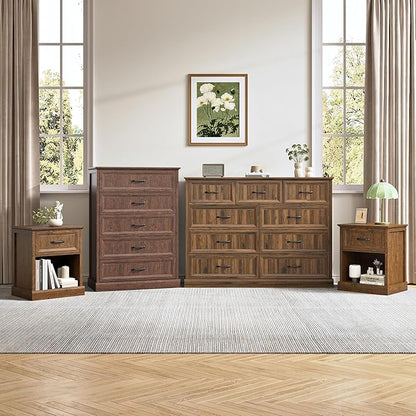 Farmhouse Dresser and Nightstand Sets, 4Pcs Bedroom Furniture Set, Nightstand Set of 2 & 55" Wide 9 Drawer and 44" Tall 5 Drawer Dresser with Large Drawers & Bar Handles, Brown