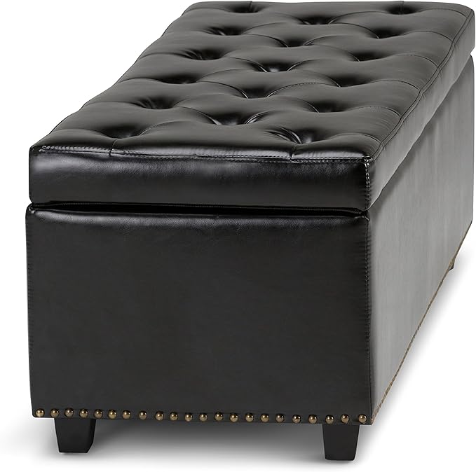 SIMPLIHOME Hamilton 48 inch Wide Transitional Rectangle Storage Ottoman in Midnight Black Vegan Faux Leather, Assembled, For the Living Room, Entryway and Family Room