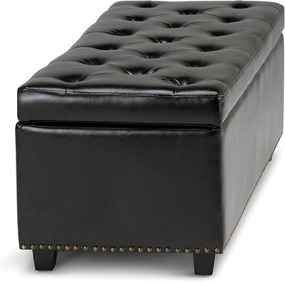 SIMPLIHOME Hamilton 48 inch Wide Transitional Rectangle Storage Ottoman in Midnight Black Vegan Faux Leather, Assembled, For the Living Room, Entryway and Family Room