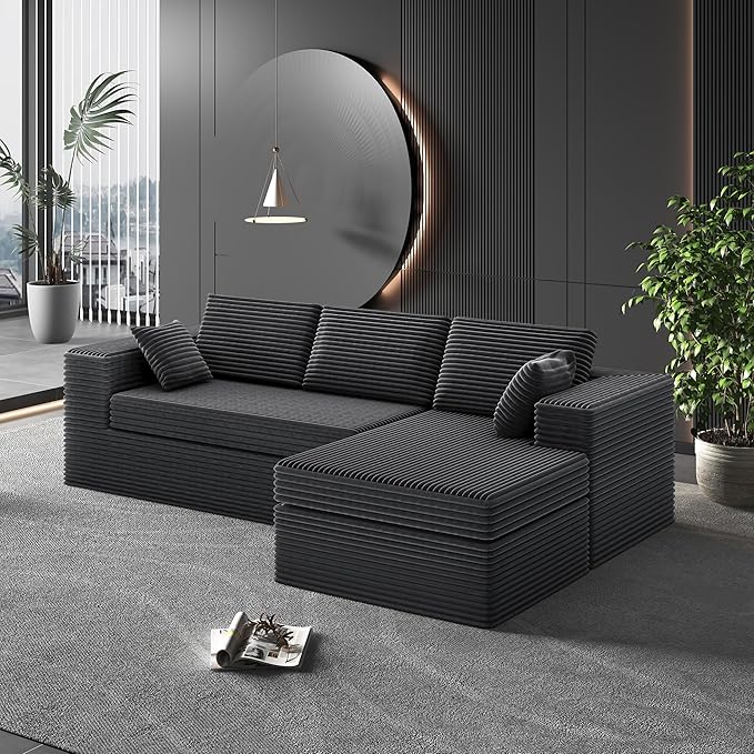 108-inch Boneless Couch for Living Room，Comfy Boneless Sofa with Deep Seats & Chaise Lounge, 3-Seat Modular Sofa Memory Foam Sectional Couches - No Assembly Required(Dark Grey)