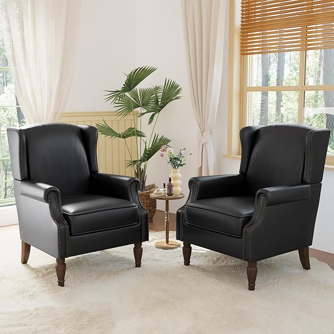 Lumibee Accent Chairs, Faux Leather High Back Armchair Set of 2 or Living Room, Comfy Upholstered Single Sofa Reading Chairs with Solid Wood Legs for Office, Bedroom, Waiting Room-Black