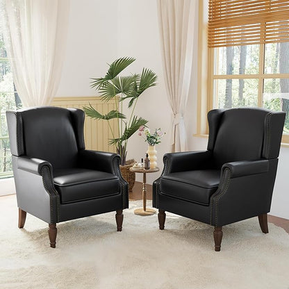 Lumibee Accent Chairs, Faux Leather High Back Armchair Set of 2 or Living Room, Comfy Upholstered Single Sofa Reading Chairs with Solid Wood Legs for Office, Bedroom, Waiting Room-Black