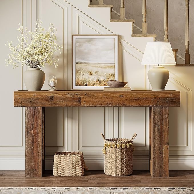 Tribesigns 63" Farmhouse Console Table, Natural Wooden Sofa Table Rectangular Accent Console for Entryway, Hallway & Living Room (Mix Brown)