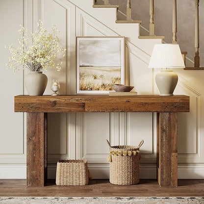 Tribesigns 63" Farmhouse Console Table, Natural Wooden Sofa Table Rectangular Accent Console for Entryway, Hallway & Living Room (Mix Brown)