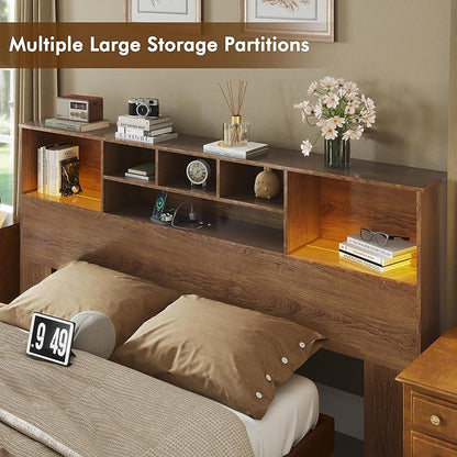 Apicizon King Size Headboard Only, King Bookcase Headboard with Charging Station for Bedroom, Storage Bookcase with USB & 2 Power Outlets, Brown