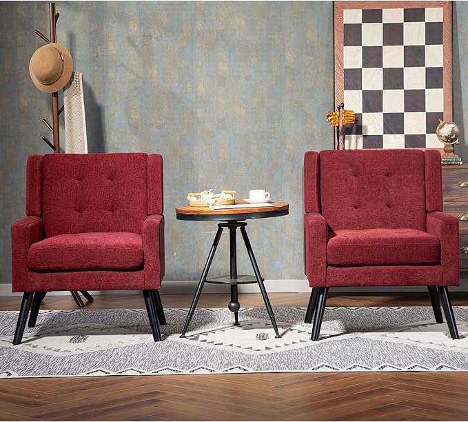 Mid-Century Modern Accent Chair Set of 2, Plush Linen Fabric with Button Tufted High Back & 5" Thick Cushion, High Comfort Reading Chair for Living Room, Bedroom, Office (Red)