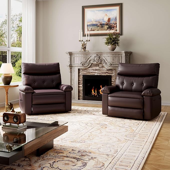 GarveeHome Oversized Recliner Chairs, Classic Manual Leather Recliner, Home Theater Seating with Lumbar & Arms Support for Living Room, Bedroom and Nursery - Brown