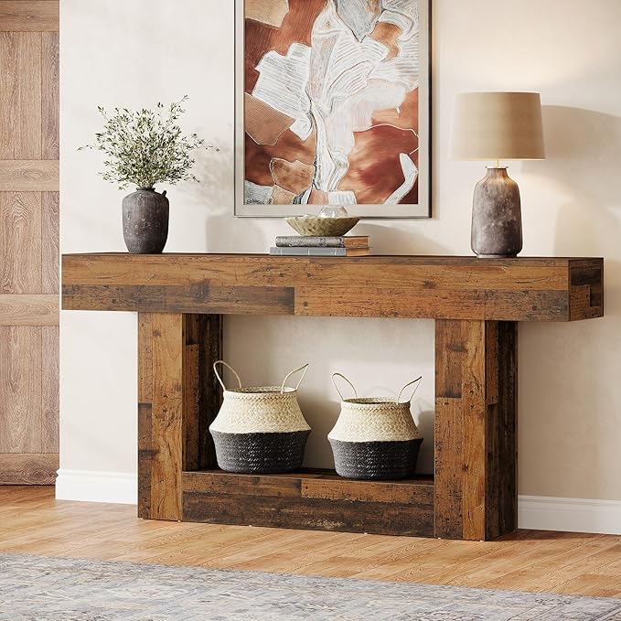 Tribesigns 63-Inch Long Console Table, 2-Tier Entryway Table Sofa Table with Storage, Farmhouse Wood Behind Couch Table for Living Room, Hallway, Rustic Mixed Brown