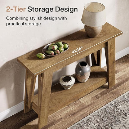 Tribesigns 41.3" Farmhouse Console Table, 2-Tier Wooden Entryway Table with Storage, Rustic Narrow Behind Couch for Living Room, Hallway, Foyer,Natural
