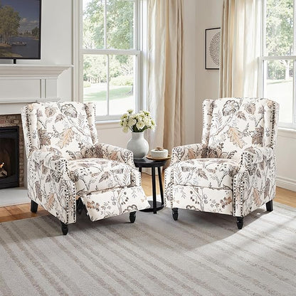 Pushback Recliner Chair, Floral Fabric Wingback Recliner Chair, Upholstered Armchair Push Back Recliner, Rivet Trim Single Sofa Accent Chair with Wood Legs for Living Room, Plants Beige