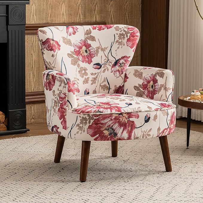 Floral Accent Chair, Upholstered Living Room Chairs with Solid Wood Legs, Mid Century Modern Velvet High Back Armchair for Living Room, Bedroom, Pink
