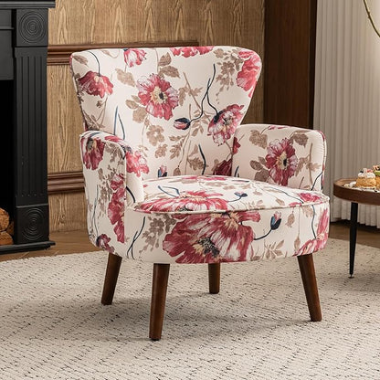Floral Accent Chair, Upholstered Living Room Chairs with Solid Wood Legs, Mid Century Modern Velvet High Back Armchair for Living Room, Bedroom, Pink