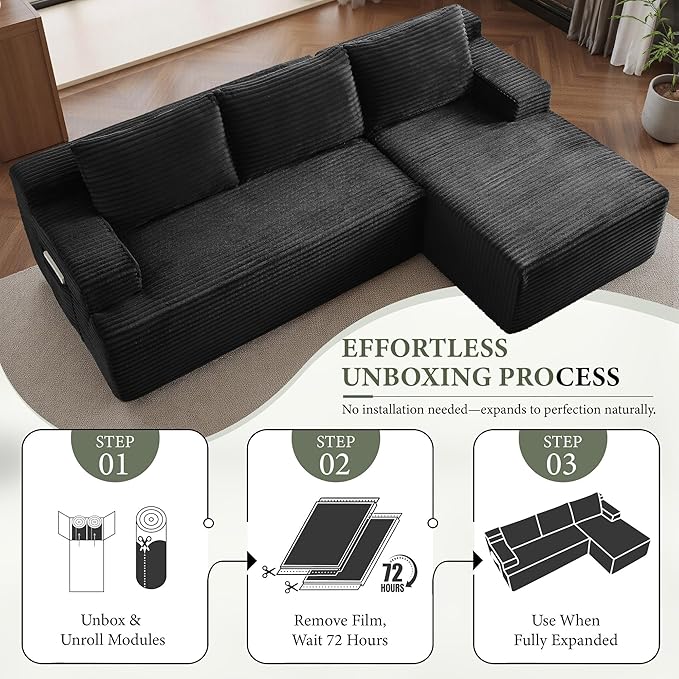 96''Sectional Couches for Living Room,Modern Modular Sectional Sofa,Upholstered Boneless Couch with Pockets,Comfy Cloud Couch with L Shaped Chaise(Black, 96''W Right Facing Chaise)