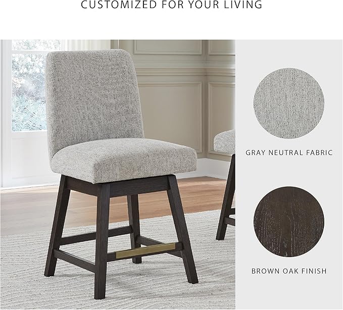 Signature Design by Ashley Burkhaus Counter Height Upholstered Swivel Barstool, Set of 2, Foam Cushion, Metal Footrest, Solid Wood Frame, Beige & Dark Brown