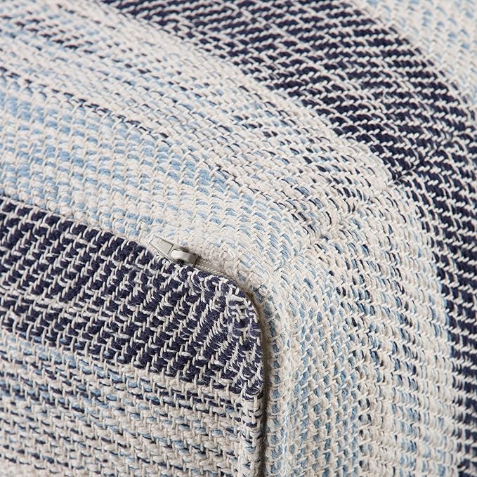 SIMPLIHOME Clay Boho Square Pouf in Patterned Blue Melange Cotton for the Living Room, Bedroom and Kids Room