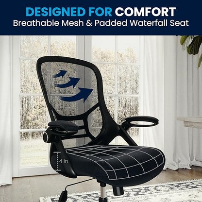 Flash Furniture Porter High-Back Swivel Office Chair with Adjustable Lumbar Support and Seat Height, Ergonomic Mesh Desk Chair with Flip-Up Armrests, Black