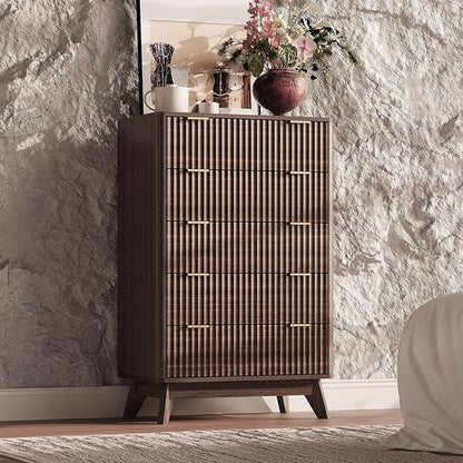 43'' Hight 5 Drawers Dresser for Bedroom,Modern Fluted Vertical Chest with Rounded Corners,Fluted Dresser for Living Room,Hallway, Walnut