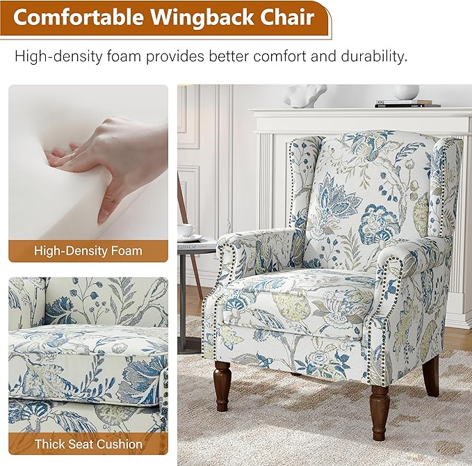 Floral Wingback Accent Chair, High Back Upholstered Armchair, Comfy Fabric Wingback Arms Chairs with Retro Solid Wood Legs, Single Sofa Reading Chair for Bedroom Living Room, Plants Blue