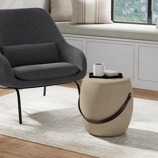 SIMPLIHOME Ramsay 16 inch Wide Contemporary Irregular Footstool in Taupe Linen Look Fabric, Fully Assembled for The Living Room