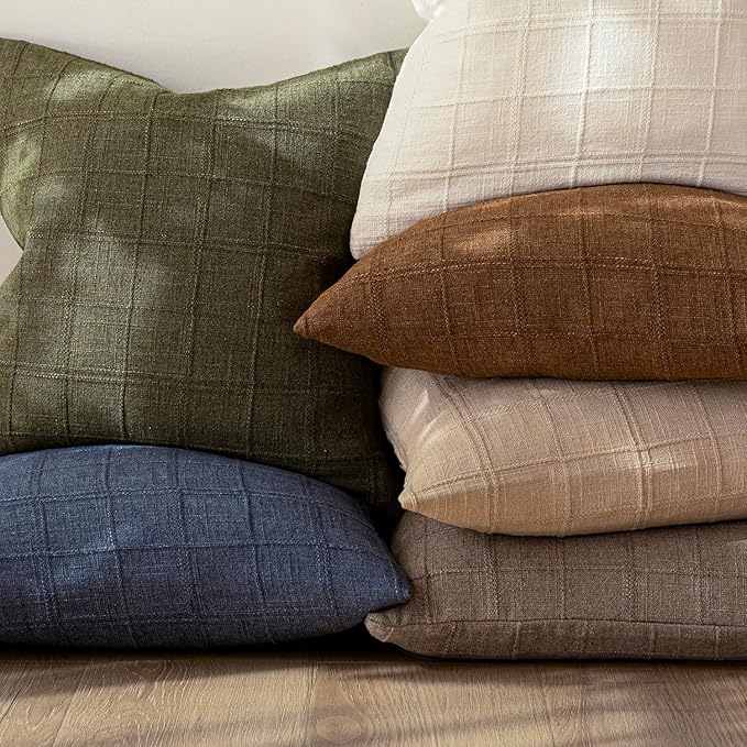 Foindtower Set of 2 Decorative Linen Check Throw Pillow Covers Neutral Farmhouse Vintage Cushion Covers Modern Boho Home Decor for Sofa Chair Couch Bedroom Living Room,24×24 Inch,Tan Taupe