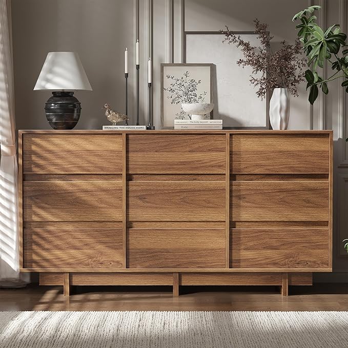 Walnut Dresser for Bedroom, 59" Wide 9 Drawer Dresser, Mid Century Modern Dressers Chest of Drawers, Wooden Large Dressers for Bedroom, Closet