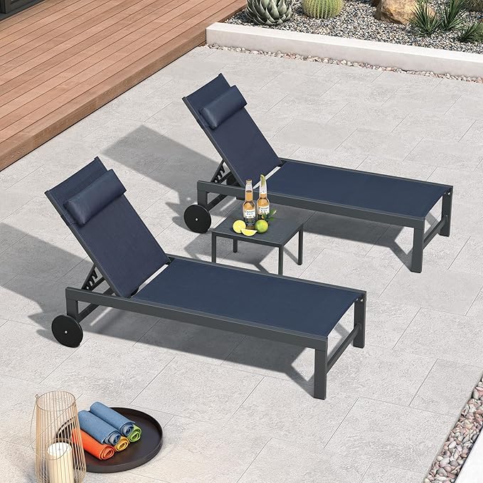 PURPLE LEAF Patio Lounge Chair Set of 3 Outdoor Chaise Lounger Aluminum Frame with Side Table and Wheels for Pool Outside Sunbathing Tanning Recliner Including Pillows Navy Blue