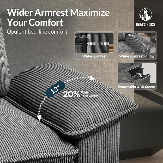 HERA'S HOUSE 124" Modular Sectional Sofa, Oversized L Shaped Couches for Living Room, Comfy Cloud Couch with Ottoman, 4-Seater Deep Seat Sofa with Throw Pillow, Corduroy Grey