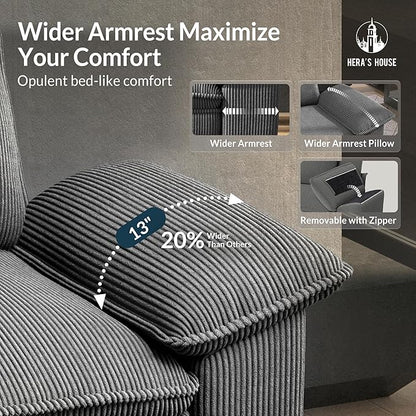 HERA'S HOUSE 124" Modular Sectional Sofa, Oversized L Shaped Couches for Living Room, Comfy Cloud Couch with Ottoman, 4-Seater Deep Seat Sofa with Throw Pillow, Corduroy Grey