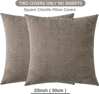 GAWAMAY Decorative Square Throw Pillow Covers 20"x20" Inch Set of 2, Super Soft Chenille Pillows Farmhouse Fall Pillowcase for Living Room Bedroom Sofa Couch Cushion Cover Taupe Grey 50x50cm