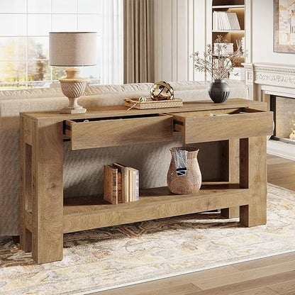 Tribesigns 63" Console Table with 2 Drawers, Farmhouse Entryway Table with Storage Shelf and Sturdy Legs, Wooden Sofa Table for Living Room, Hallway, Entrance (Brown)