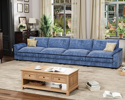 Homall 159" Modular Sectional Sofa, Linear Sofa Couch with Double-Layer Cushion, DIY Combination Chenille Deep 4-Seat Cloud Couch for Living Room, Apartment (Dark Blue, Linear Sofa)