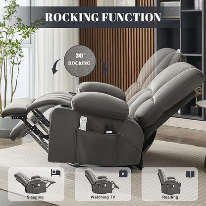 Oversized Recliner Chairs for Adults, 270° Swivel Rocking Recliner with Heat and Massage Lazy Boy Recliner,Recliner Chairs Single Sofa Seat with Cup Holders(Grey, Electric)