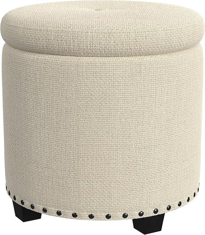 HomePop Home Decor | Upholstered Round Storage Ottoman with Nailheads| Ottoman with Storage for Living Room & Bedroom, Cream Woven