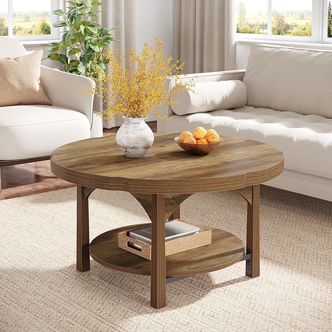 Tribesigns Round Coffee Table, 2-Tier Farmhouse Center Table with Storage Shelf, Rustic Wooden Cocktail Tables for Living Room