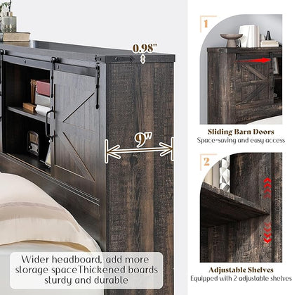 AMERLIFE Farmhouse Queen Bed Frame, Rustic Wood Platform Beds w/Barn Door Storage Bookcase Headboard & Charging Station, Bedroom Furniture, No Box Spring Needed, Dark Oak
