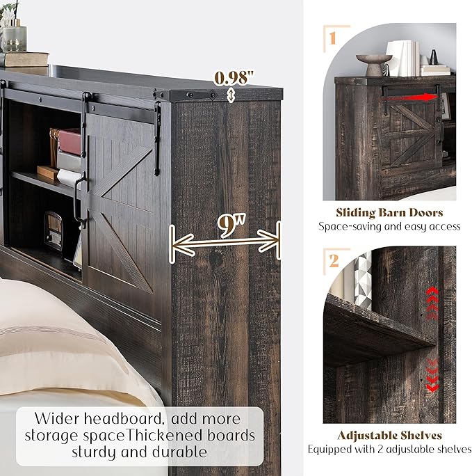 AMERLIFE Farmhouse Full Bed Frame with Storage Headboard & Charging Station, Rustic Wood Platform Bed with Barn Door Bookcase, No Box Spring Needed, Dark Oak Bedroom Furniture