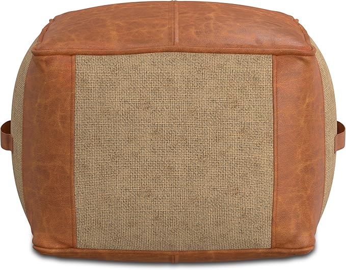 SIMPLIHOME Atkinson Boho Square Pouf in Tan Genuine Leather for the Living Room, Bedroom and Kids Room