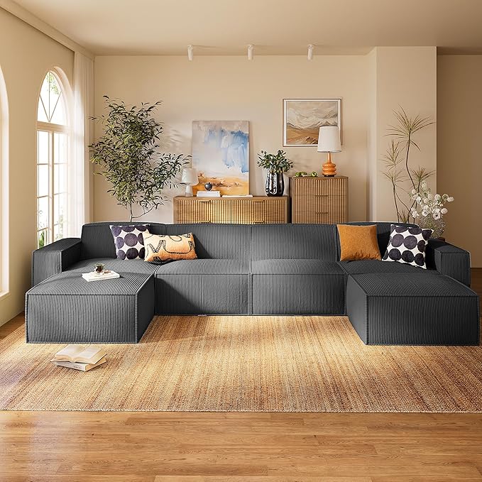 Marsail Modular Sectional Sofa, 142" U-Shaped Modular Sectional Couch with Deep Seat, Freely Combinable Sectional Cloud Sofa for Living Room, No Assembly, Plush Corduroy Fabric, Grey