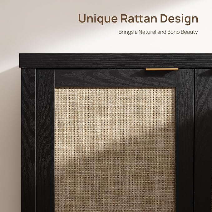 SICOTAS Rattan Sideboard Buffet Storage Cabinet - Boho Credenza Coffee Bar Cabinet with Large Storage, Buffet Console Table for Kitchen Living Room Entryway - Black