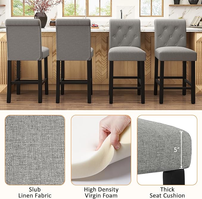 GOTMINSI 24inch Counter Height Bar Stool, Set of 4 Counter Height Chairs for Kitchen Island Upholstered Back Bar Chairs Fabric Barstool with Button Tufted Decoration Leisure Style (Grey)