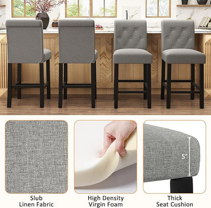 GOTMINSI 24inch Counter Height Bar Stool, Set of 4 Counter Height Chairs for Kitchen Island Upholstered Back Bar Chairs Fabric Barstool with Button Tufted Decoration Leisure Style (Grey)