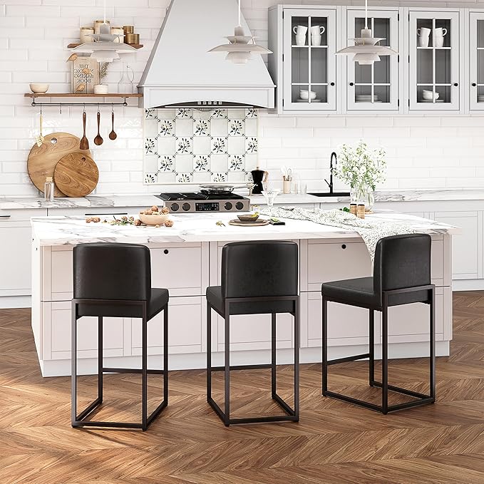 ALPHA HOME 24 Inch Bar Stools, Kitchen Counter Stools with Backs, Black Bar Stools Set of 2, PU Leather Barstools, Kitchen Stools with Back&Upholstered Footrest, Sturdy Chromed Metal Steel Frame