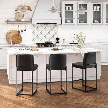 ALPHA HOME 24 Inch Bar Stools, Kitchen Counter Stools with Backs, Black Bar Stools Set of 2, PU Leather Barstools, Kitchen Stools with Back&Upholstered Footrest, Sturdy Chromed Metal Steel Frame