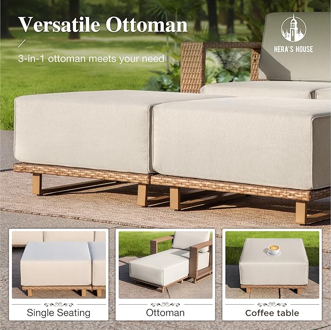 HERA'S HOUSE 6 Pieces Patio Furniture Set, 4 Sectional Outdoor Rattan Wicker Sofa with 2 Ottomans, All Weather Patio Conversation Set with 5.3" Widened Armrest, 10" Ultra Thick Comfy Cushion for Deck