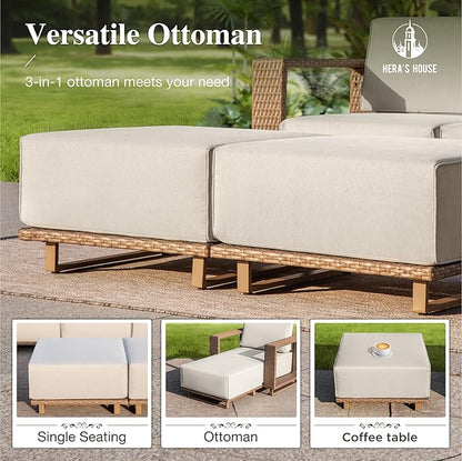HERA'S HOUSE 6 Pieces Patio Furniture Set, 4 Sectional Outdoor Rattan Wicker Sofa with 2 Ottomans, All Weather Patio Conversation Set with 5.3" Widened Armrest, 10" Ultra Thick Comfy Cushion for Deck
