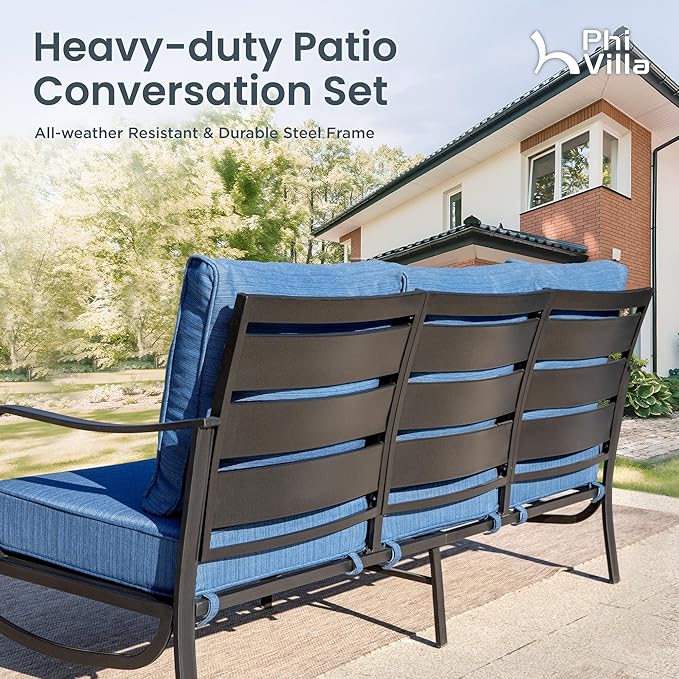 PHI VILLA 8 PCS Patio Furniture Set with Fire Pit Table,Metal Outdoor Furniture with 1 x 3-Seat Bench Sofa, 2 x Swivel Sofa Chairs, 2 x Leg Chair & 2 x Ottoman, Modern Patio Set, Peacock Blue