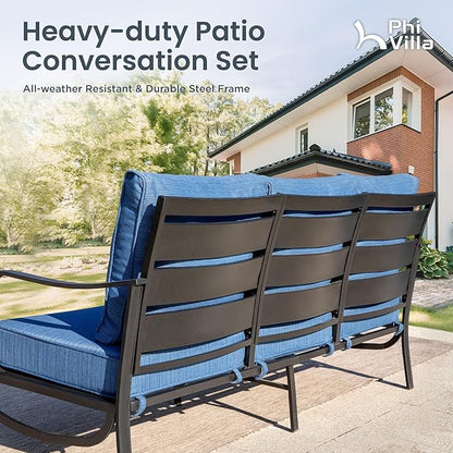 PHI VILLA 8 PCS Patio Furniture Set with Fire Pit Table,Metal Outdoor Furniture with 1 x 3-Seat Bench Sofa, 2 x Swivel Sofa Chairs, 2 x Leg Chair & 2 x Ottoman, Modern Patio Set, Peacock Blue