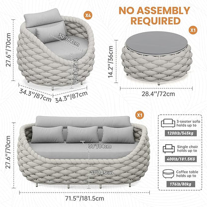 6 Pieces Deck Patio Furniture Set: Hand Woven Rope, Rusrproof Aluminum Frame, Weather Resistant, Thick Cushions, No Assembly, Comfy Outdoor Conversation Sofa Set for Porch Yard Lawn Hotel - Gray